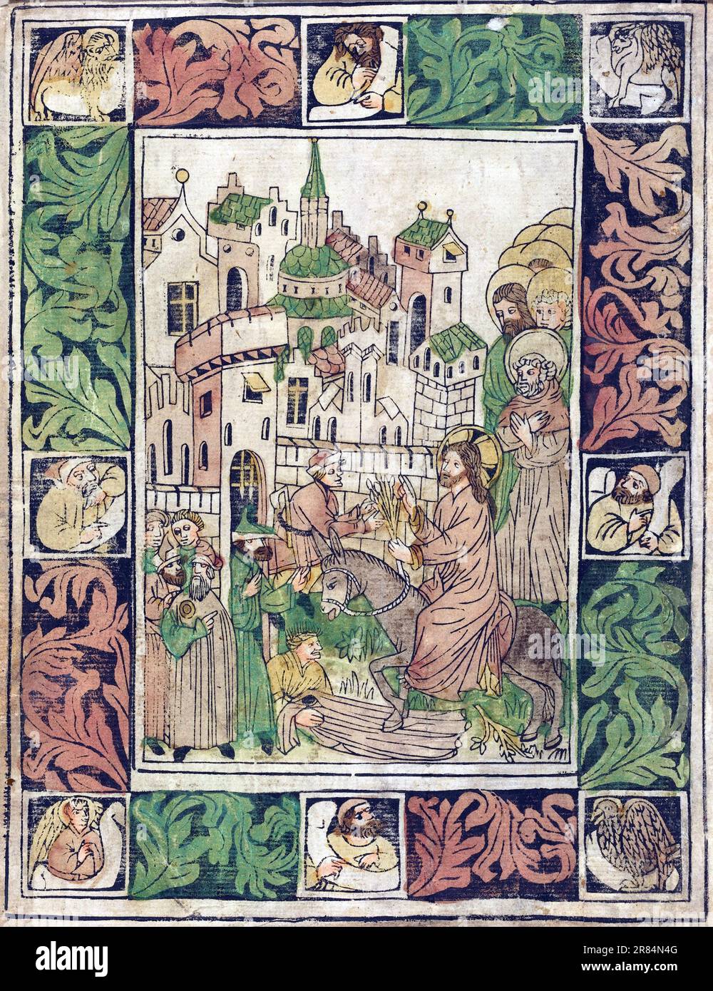 Deutsche aus dem 15. Jahrhundert, Holzschnitt, handgefärbt in Rosa, Gelb, Braun, Grün und grau Christi Eintritt in Jerusalem, c. 1450 Stockfoto