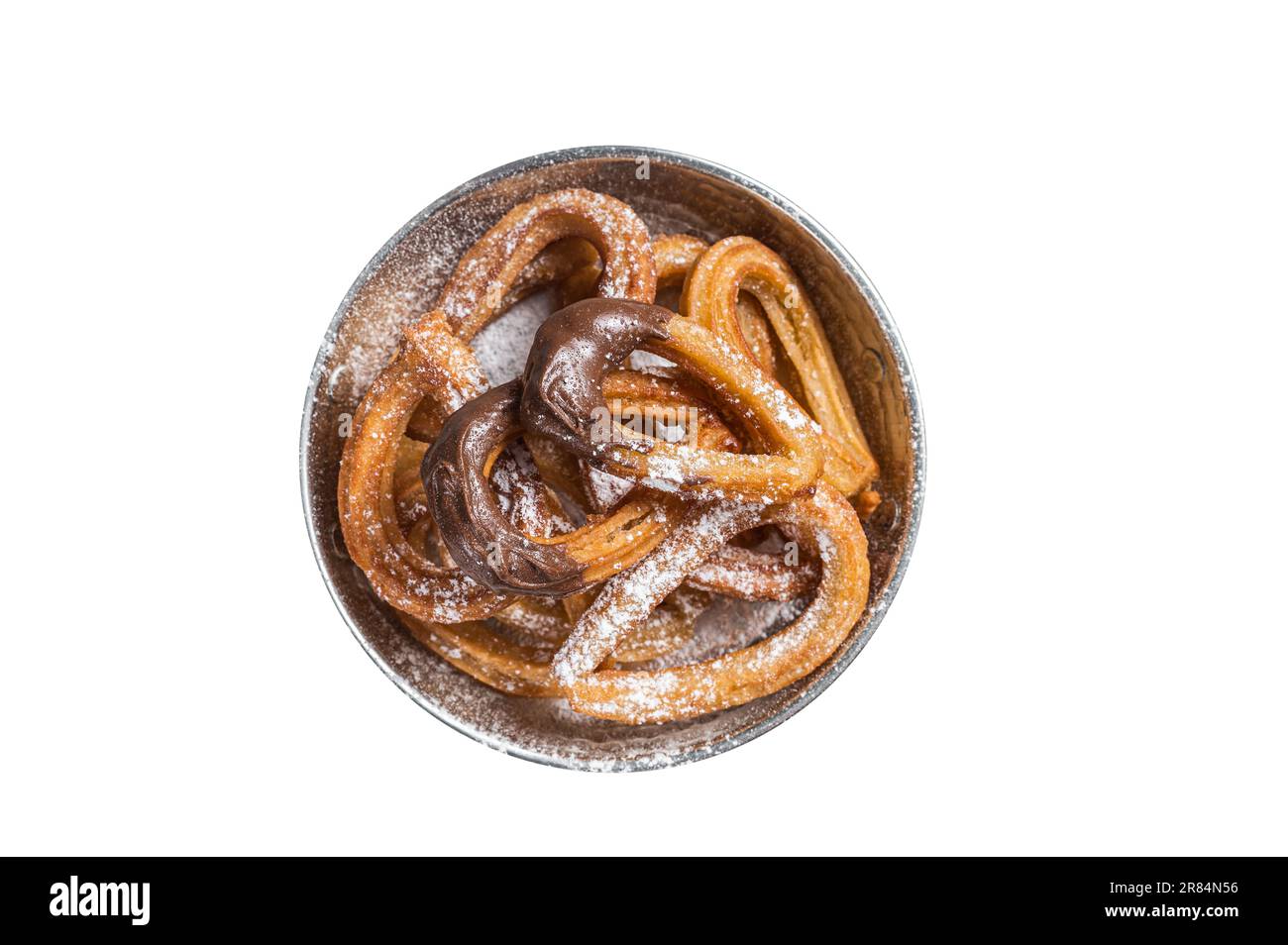 Churros con Chocolate typisch spanischer süßer Snack in einer Pfanne. Isoliert auf weißem Hintergrund Stockfoto