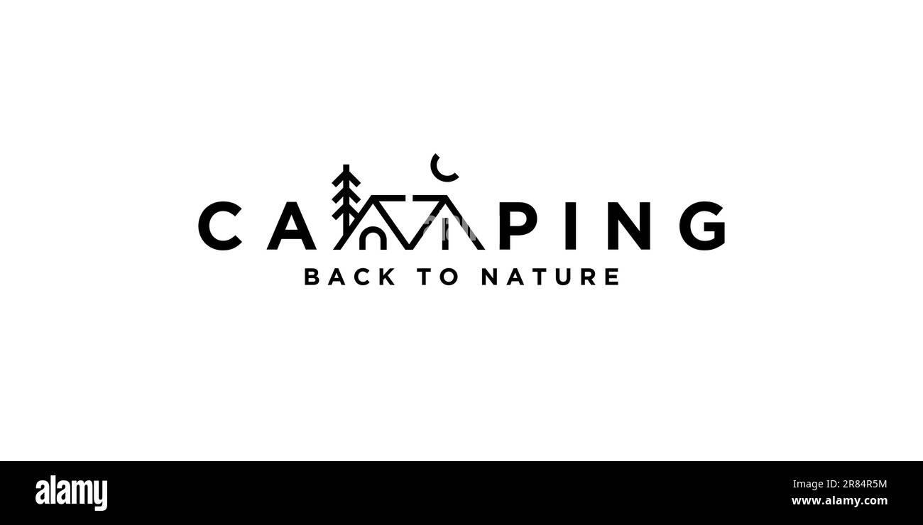 Das Camping-Logo und die Zeltkulisse erinnern an das Design des minimalistischen Naturkonzepts Stock Vektor