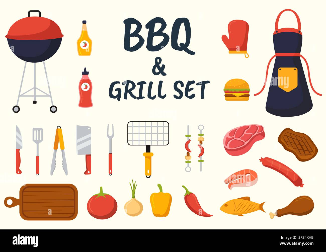 Barbecue- und Grillset Vector Illustration People Grilling oder BBQ Party Food at Park in Festival und Summer Cooking Cartoon handgezeichnete Vorlagen Stock Vektor