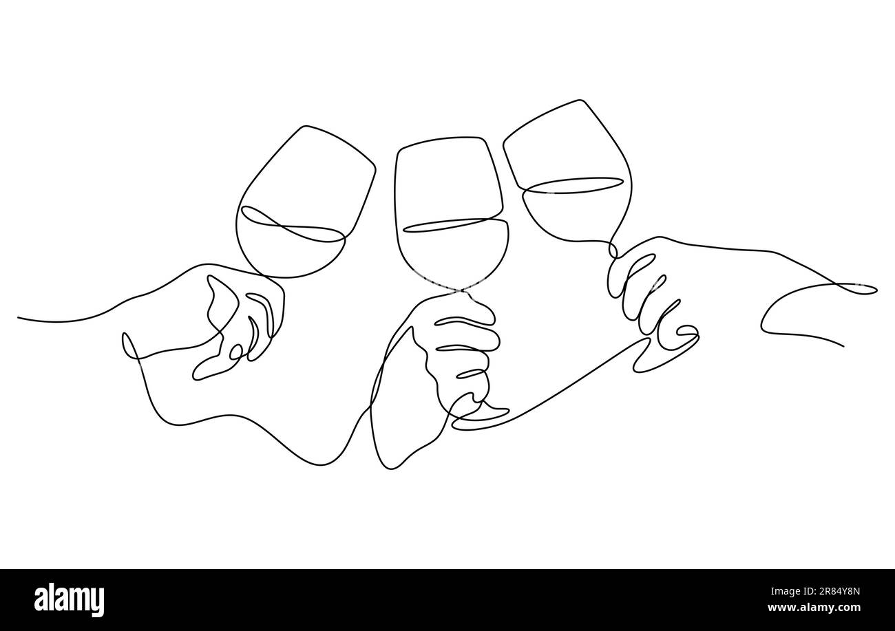 Hände halten Wein- oder Champagnergläser, feierlicher Toast, der mit Freunden in einer Linie gezeichnet wird. Vektorgrafik Stock Vektor