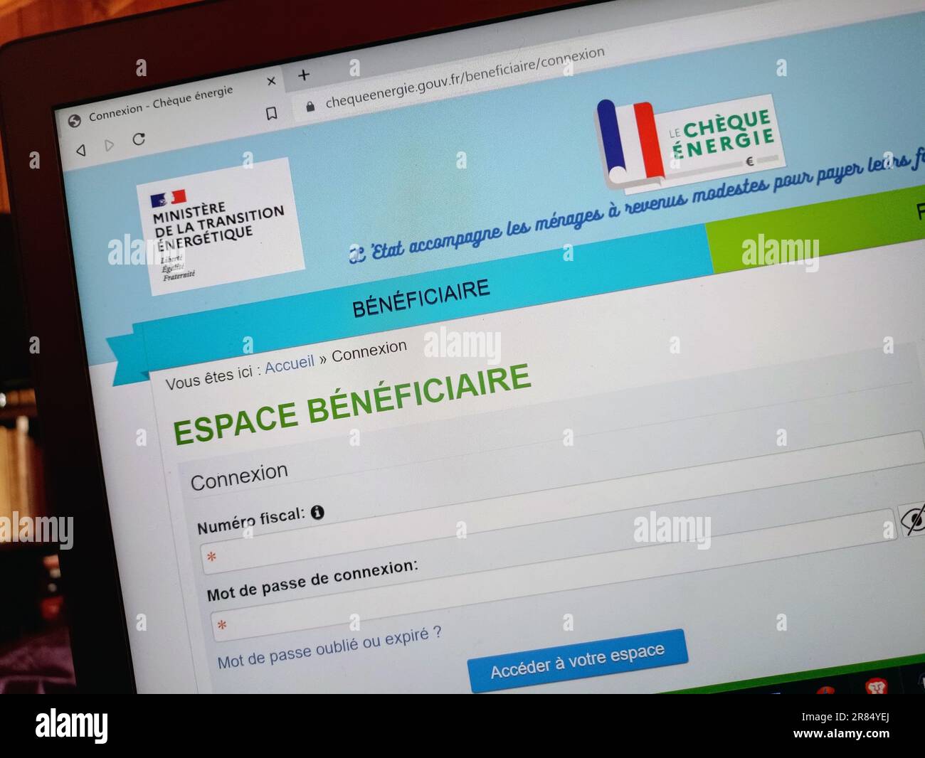 Frankreich, Page de connexion de l'Espace benefits du site Internet du ministere de la transition energetique Stockfoto