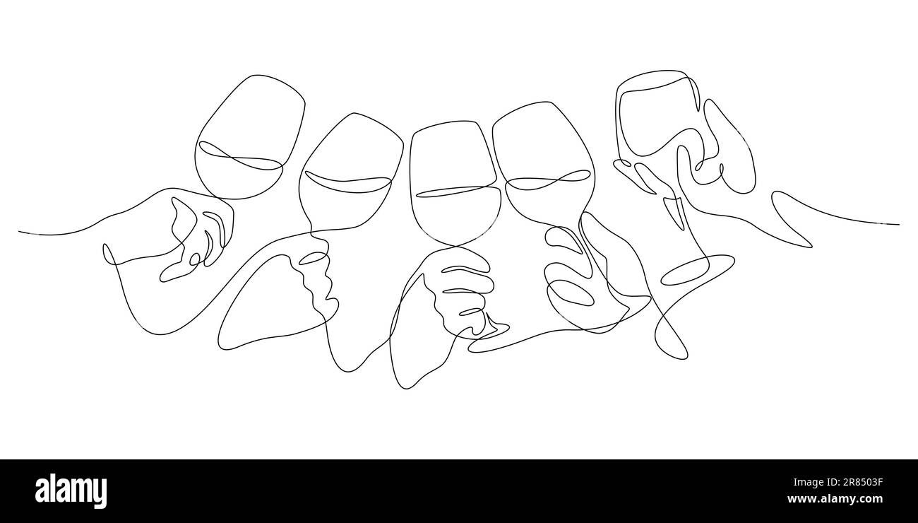 Wein zum Feiern Toast Konzept Hände halten und Weingläser in einer Linie zeichnen Vektorgrafik Stock Vektor