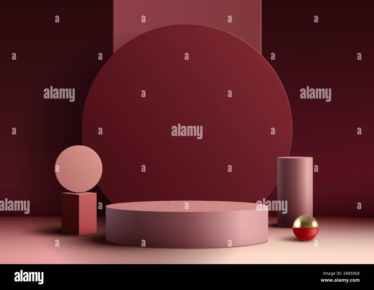 3D realistische, leere rote Podiumplattform mit kreisförmigem Hintergrund, geometrischen Elementen und goldenem Ball auf rotem Hintergrund moderner Luxus-Stil. Verwenden Sie f Stock Vektor