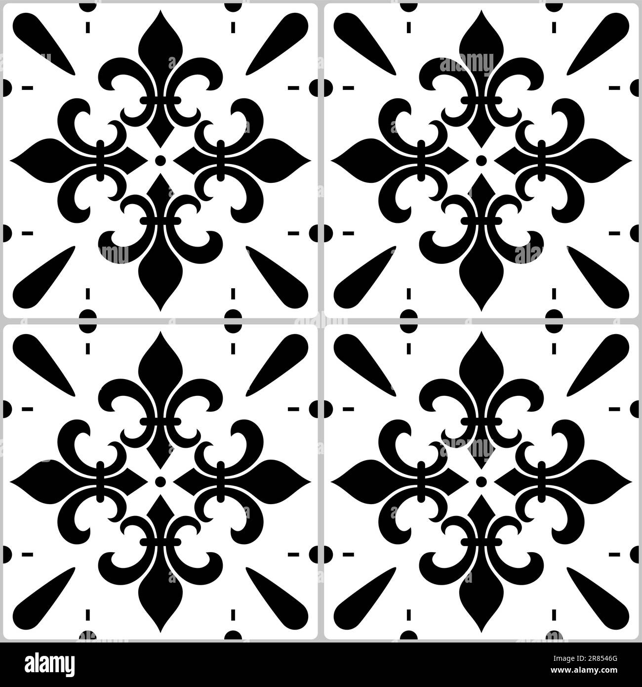 Portugiesische Azulejo-Fliesen nahtloses Vektormuster mit Fleur-de-Lis-Motiv, abstraktes geometrisches Design in Schwarz und Weiß Stock Vektor