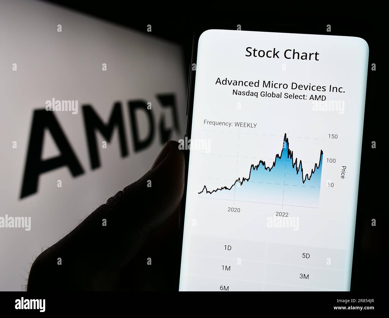 Person mit Mobiltelefon bei Website des US-Unternehmens Advanced Micro Devices Inc (AMD) auf dem Bildschirm mit Logo. Konzentrieren Sie sich auf die Mitte des Telefondisplays. Stockfoto