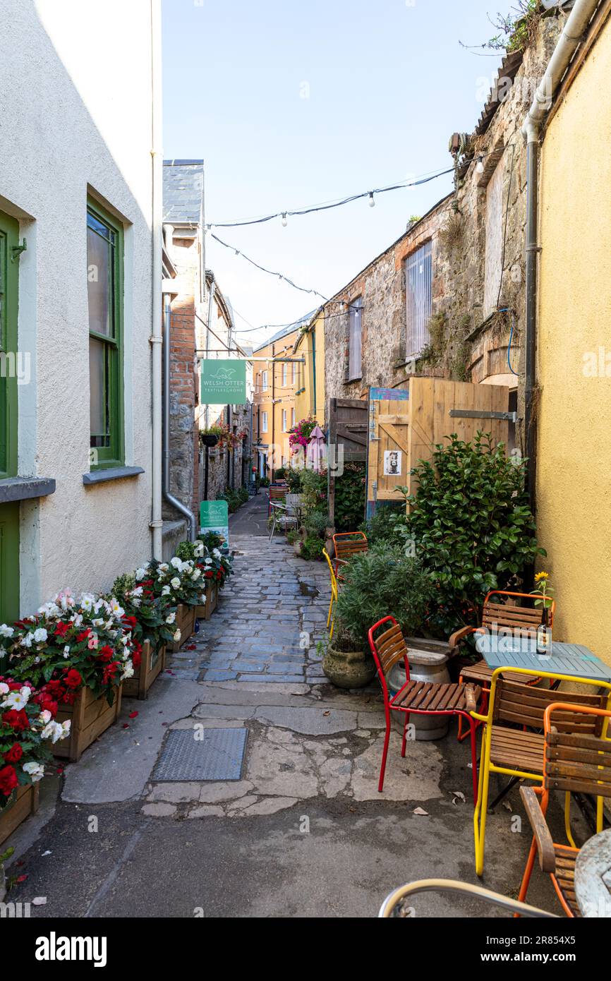 Tenby Town enge Gassen, Tenby, Pembrokeshire, Wales, Tenby Town, Tenby Wales, Tenby UK, Town, Street, UK, Häuser, enge Straße, Straße, Pfad, Stockfoto