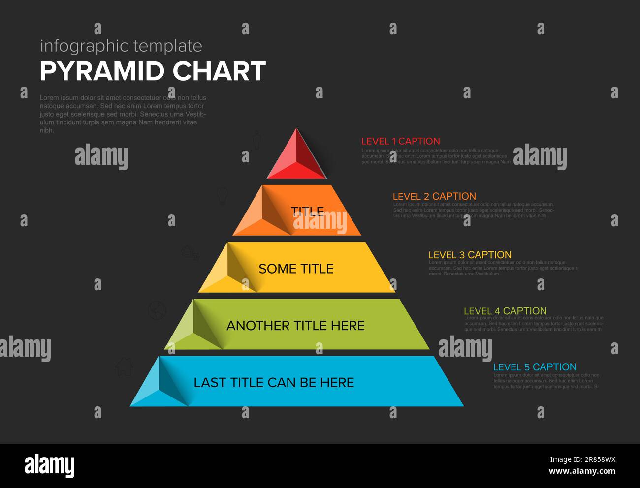 Vektor-Infografik-Stipe-Layer-Vorlage mit fünf Ebenen – farbige Pyramidenvorlage auf dunkelgrauem Hintergrund mit Symbolen, Dreieckpyramiden und Beschreibung Stock Vektor