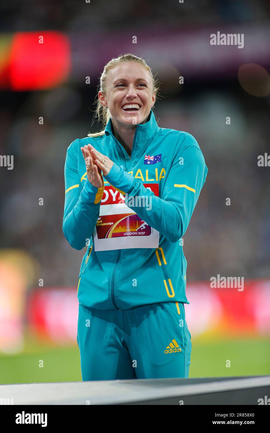 Sally Pearson bei der Preisverleihung und bei der Leichtathletik-Weltmeisterschaft 2017 in London. Stockfoto