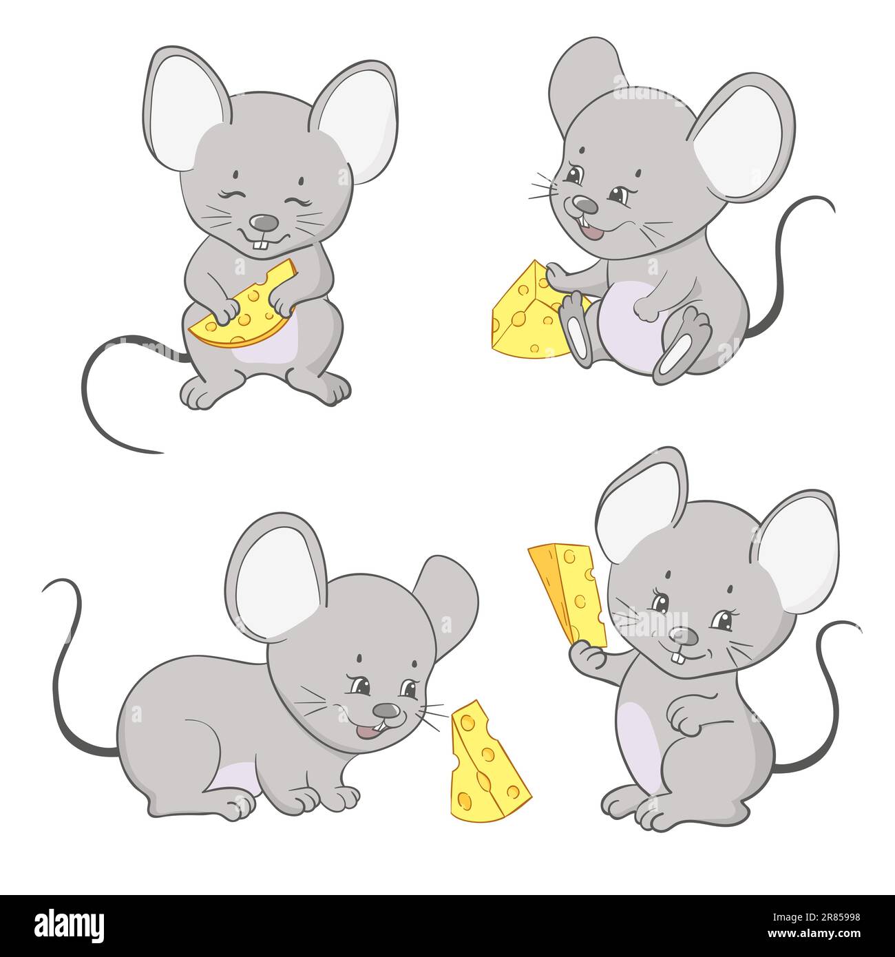 Abbildung: Maus mit Käsevektor. Ein Set süßer, kleiner Mäuse. Stock Vektor