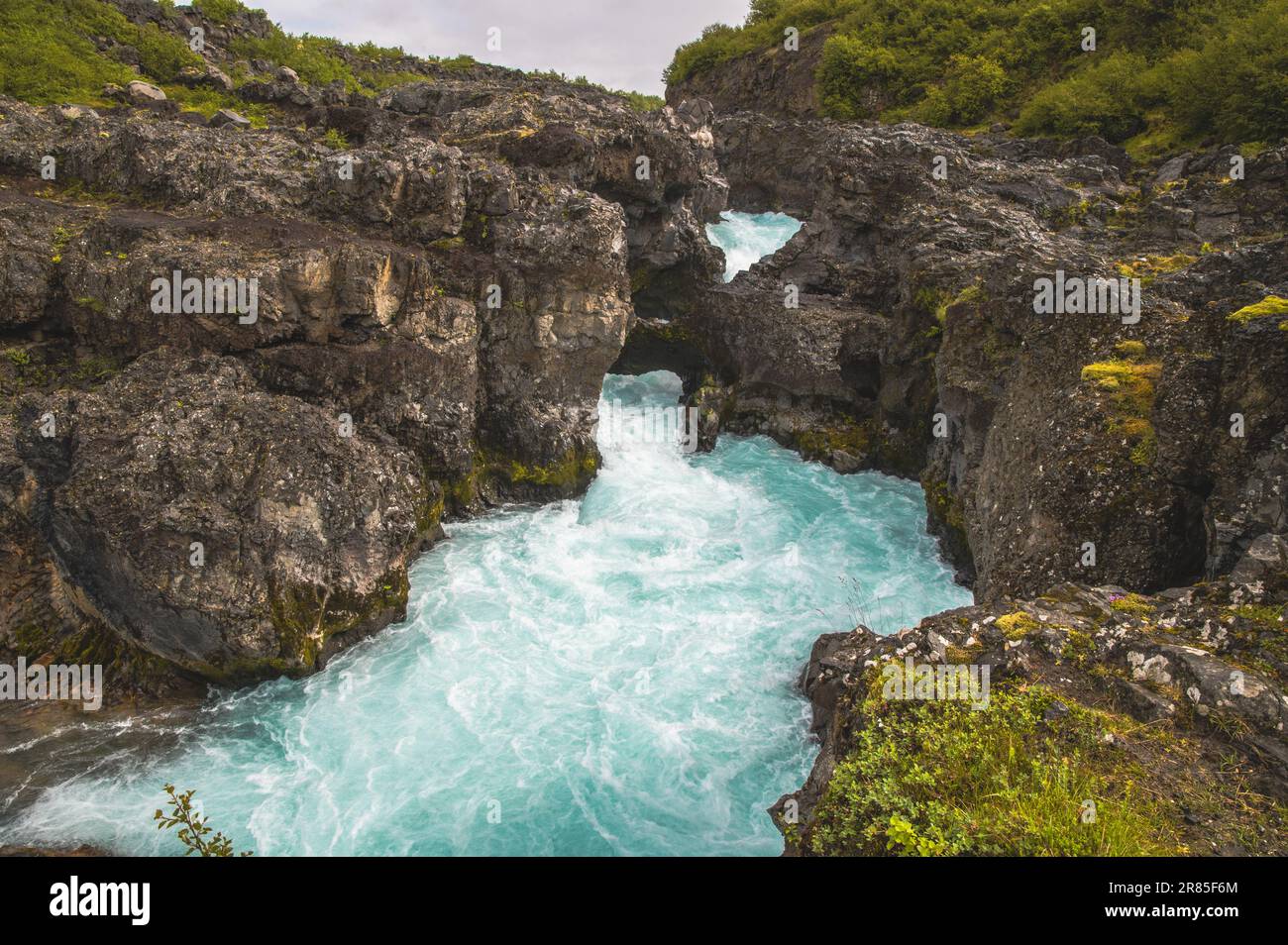 Isländische herrliche Hraunfossar-Wasserfälle und blaues wasser Stockfoto