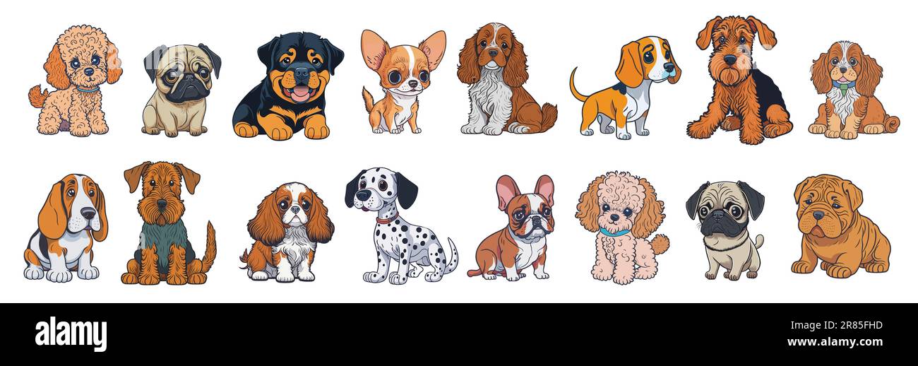 Süße Hunde, Welpen verschiedener Rassen. Stock Vektor