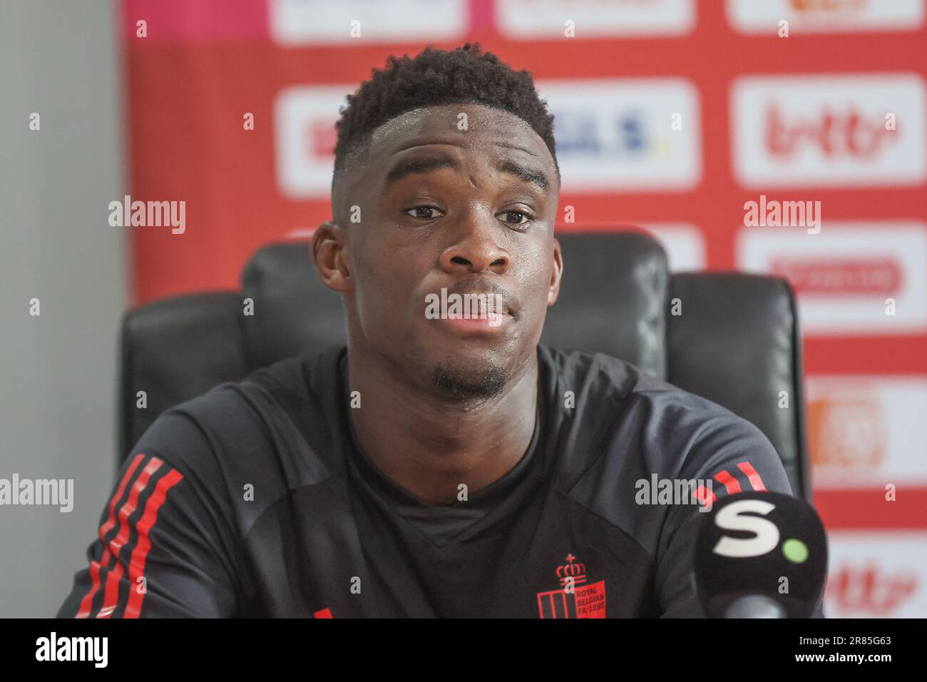 Tiflis, Goergia. 19. Juni 2023. Belgiens Mandela Keita wurde auf einer Pressekonferenz im Vorfeld der UEFA-Europameisterschaft Under21 am Montag, den 19. Juni 2023 in Tiflis, Georgien, vorgestellt. Die UEFA-Europameisterschaft Under21 findet vom 21. Juni bis zum 08. Juli in Georgien und Rumänien statt. BELGA FOTO BRUNO FAHY Kredit: Belga News Agency/Alamy Live News Stockfoto