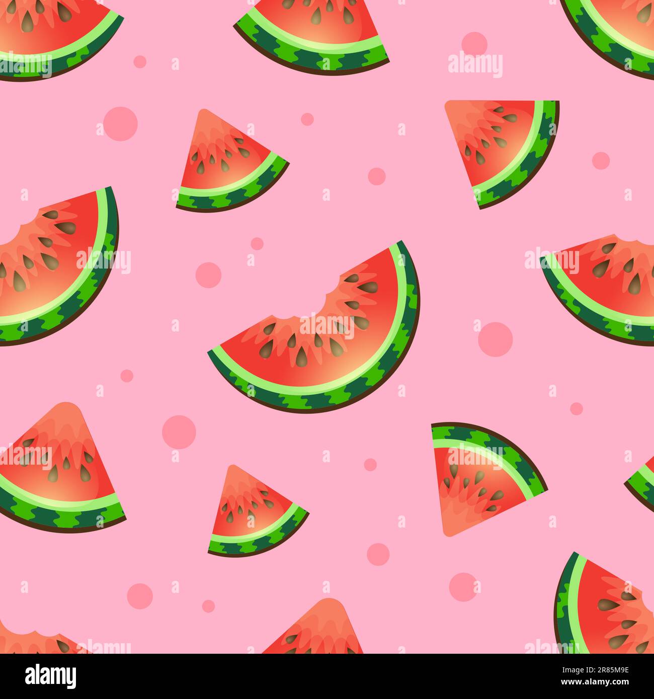 Nahtloses Wassermelonenmuster auf pinkfarbenem Hintergrund. Vektorhintergrund mit Wassermelonenscheiben. Süßes, nahtloses Vektormuster mit Wassermelonen und Nadel Stock Vektor