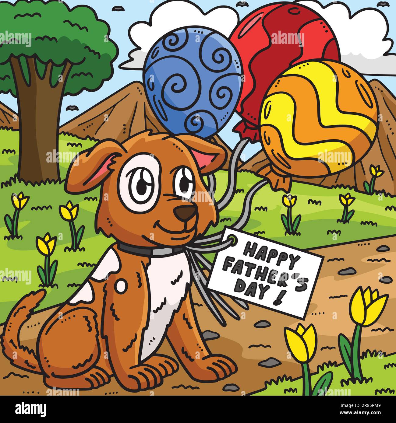 Vatertagshund mit Ballons, farbiger Cartoon Stock Vektor