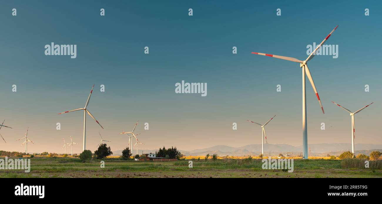 Windturbinen auf dem Ackerland. Saubere Energieerzeugung und umweltfreundliche Technologien Stockfoto