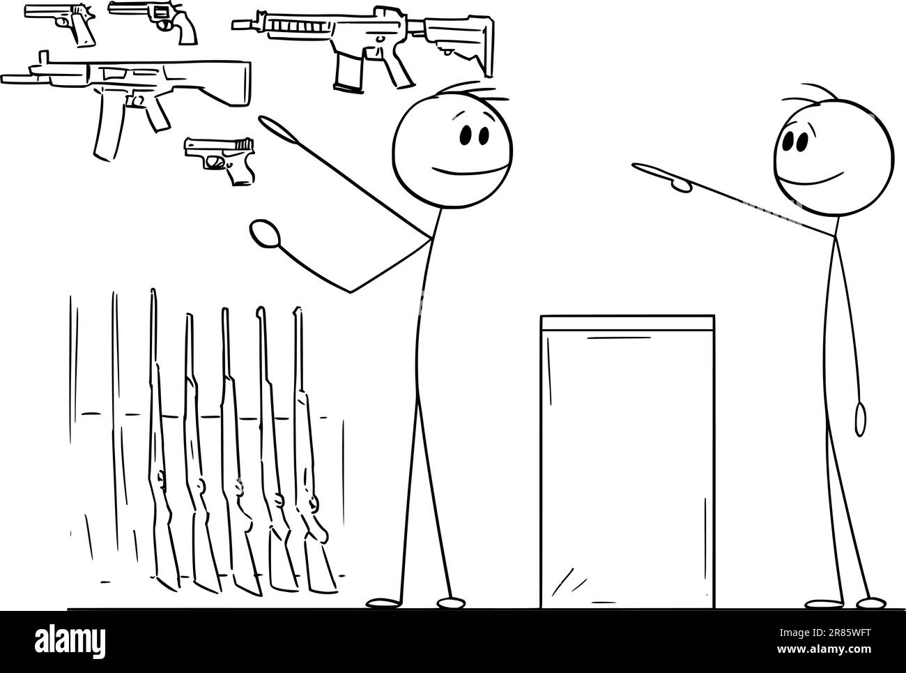 Person kauft Gewehr in Waffenladen, Vektor-Cartoon-Stab-Abbildung Stock Vektor