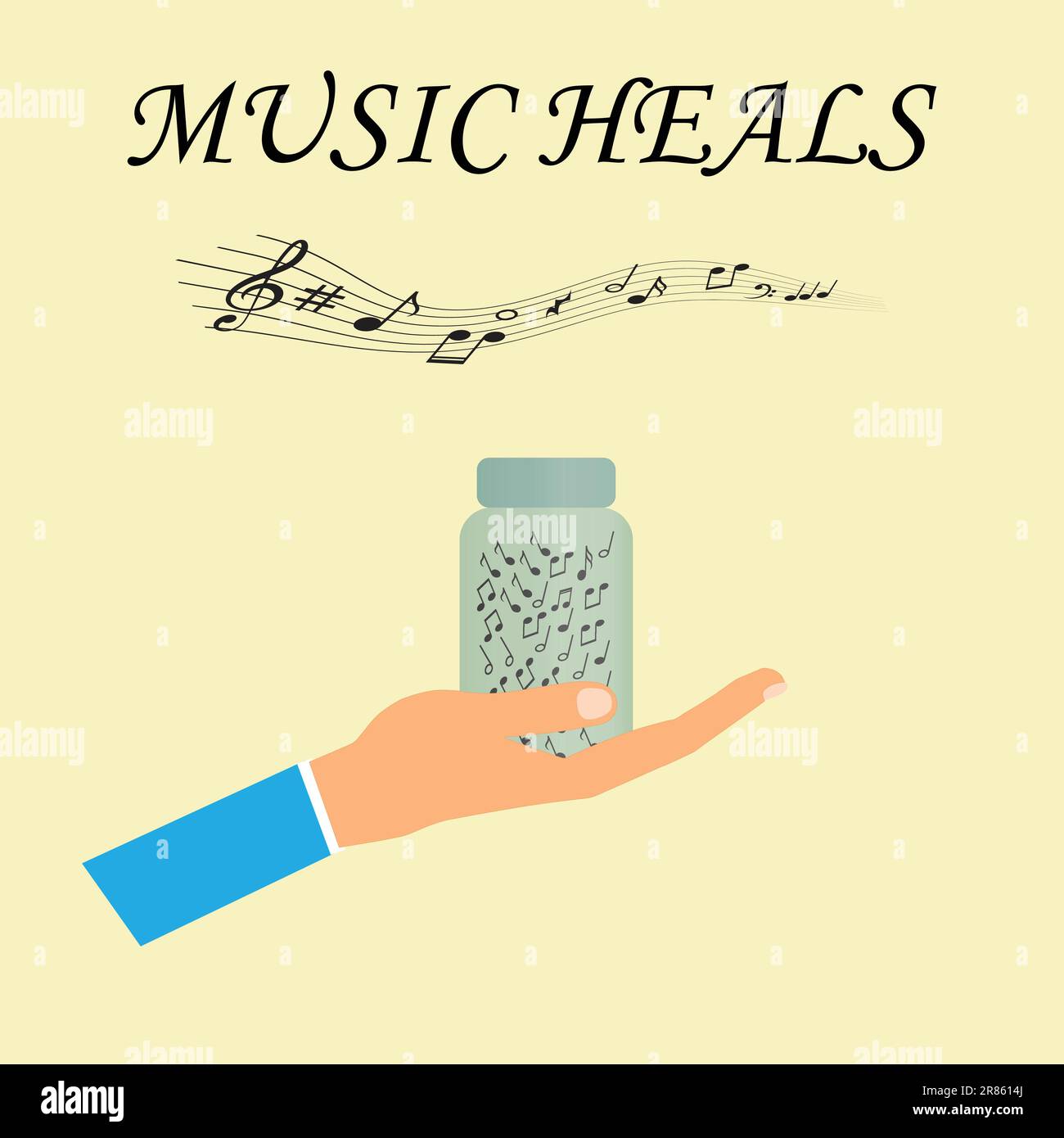 Handgehaltene Medikamentenflasche mit musikalischen Noten mit dem Text Musik heilt Stock Vektor