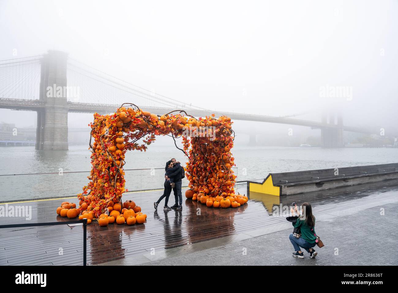 Bogen aus Herbstdekorationen am Pier 17 im südlichen Seehafen in Manhattan, New York City Stockfoto