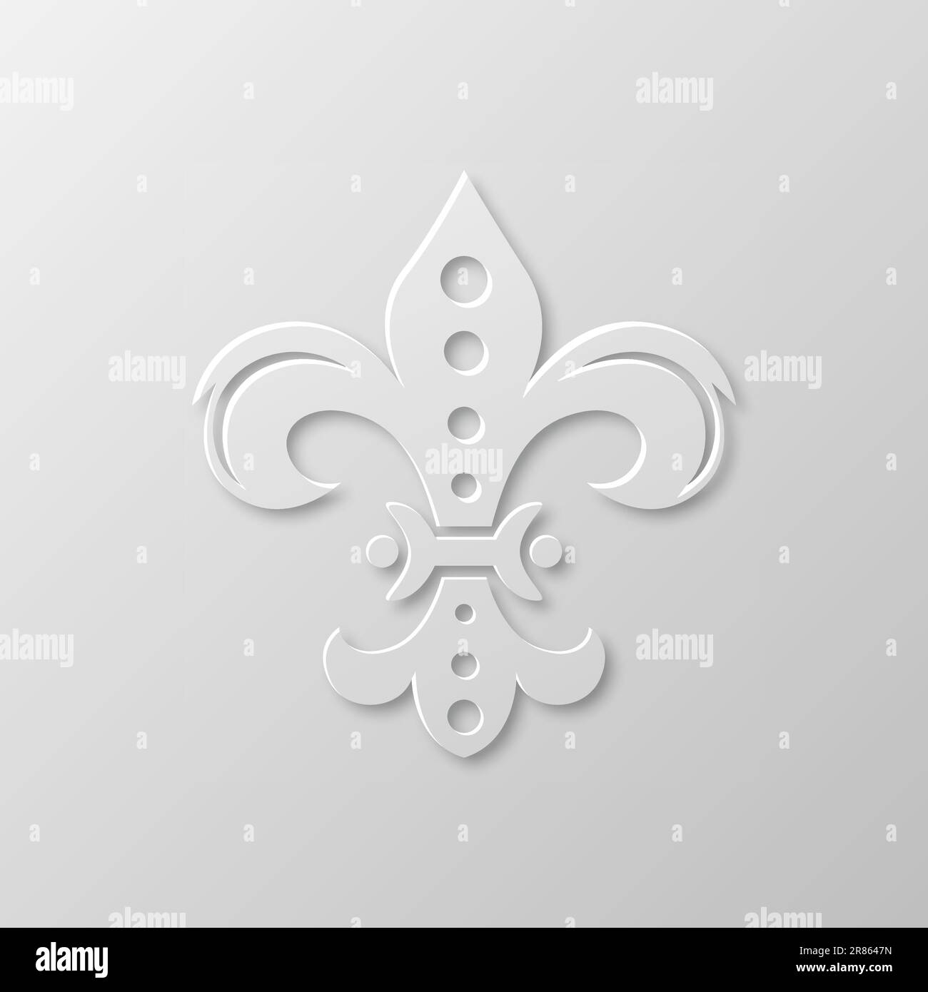 Vector Realistic Paper 3D Fleur De Lis Nahaufnahme auf weißem Hintergrund. Heraldisches Lily-Zeichen, Vektorbild Stock Vektor