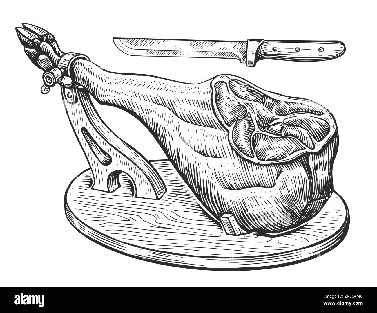 Schinkenbein auf Holzständer. Von Hand gemalte spanische Pyjamon-Zeichnung. Abbildung: Schweinefleischgravierung auf der Fleischfarm Stockfoto