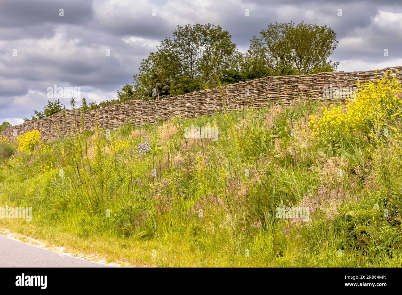Ökologische Schallmauer Erdwand mit Weidenzaun von Weidenzweigen. Blumen und Bäume wachsen auf dem Deich mit Vegetation. Niederlande. Stockfoto