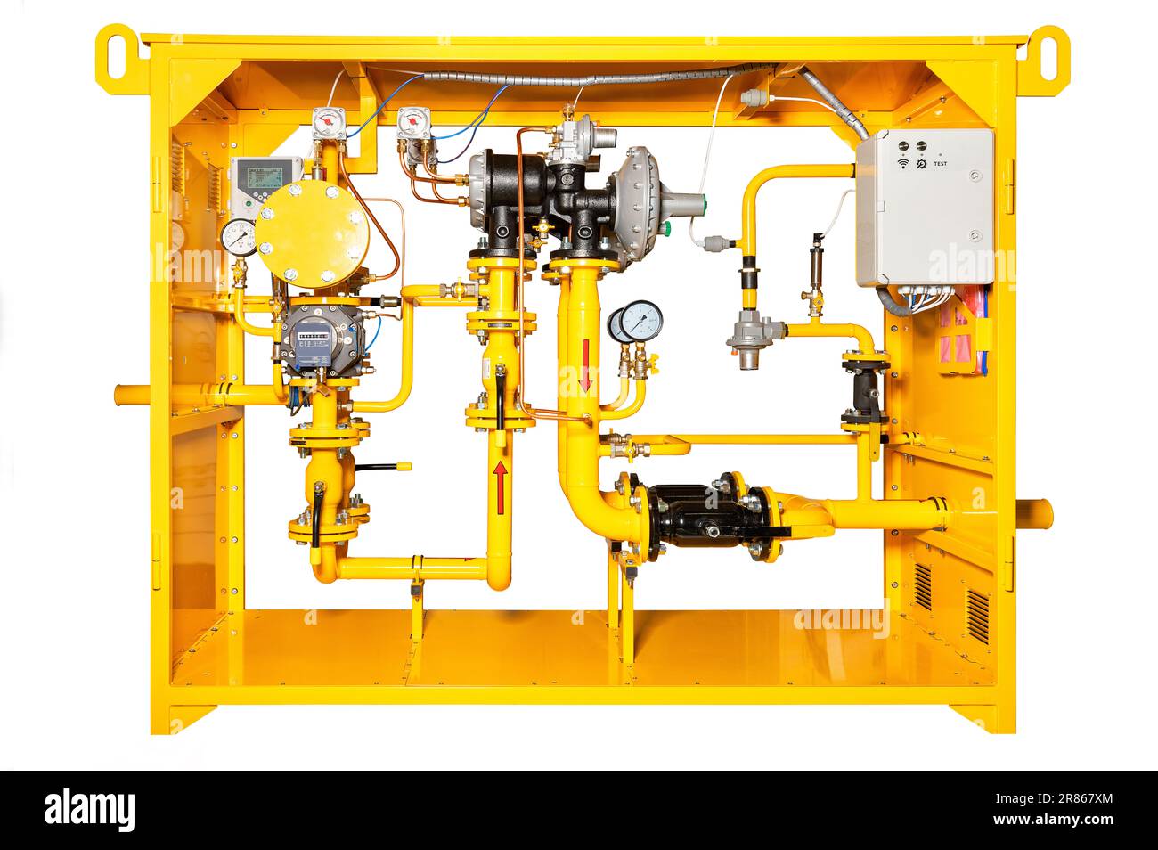 Die Gaskontrollstation ist ein vollständiges Fertigprodukt zur Senkung des Gasdrucks. Das Bild wird auf weißem Hintergrund isoliert. Stockfoto