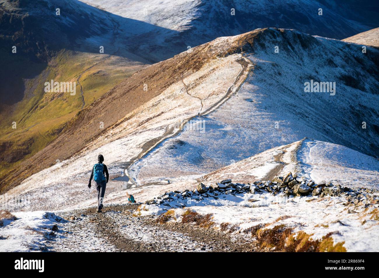 Eine Wanderer und ihr Hund gehen im Winter vom Gipfel des Grisedale Pike in Richtung Sand Hill im englischen Lake District, Großbritannien. Stockfoto