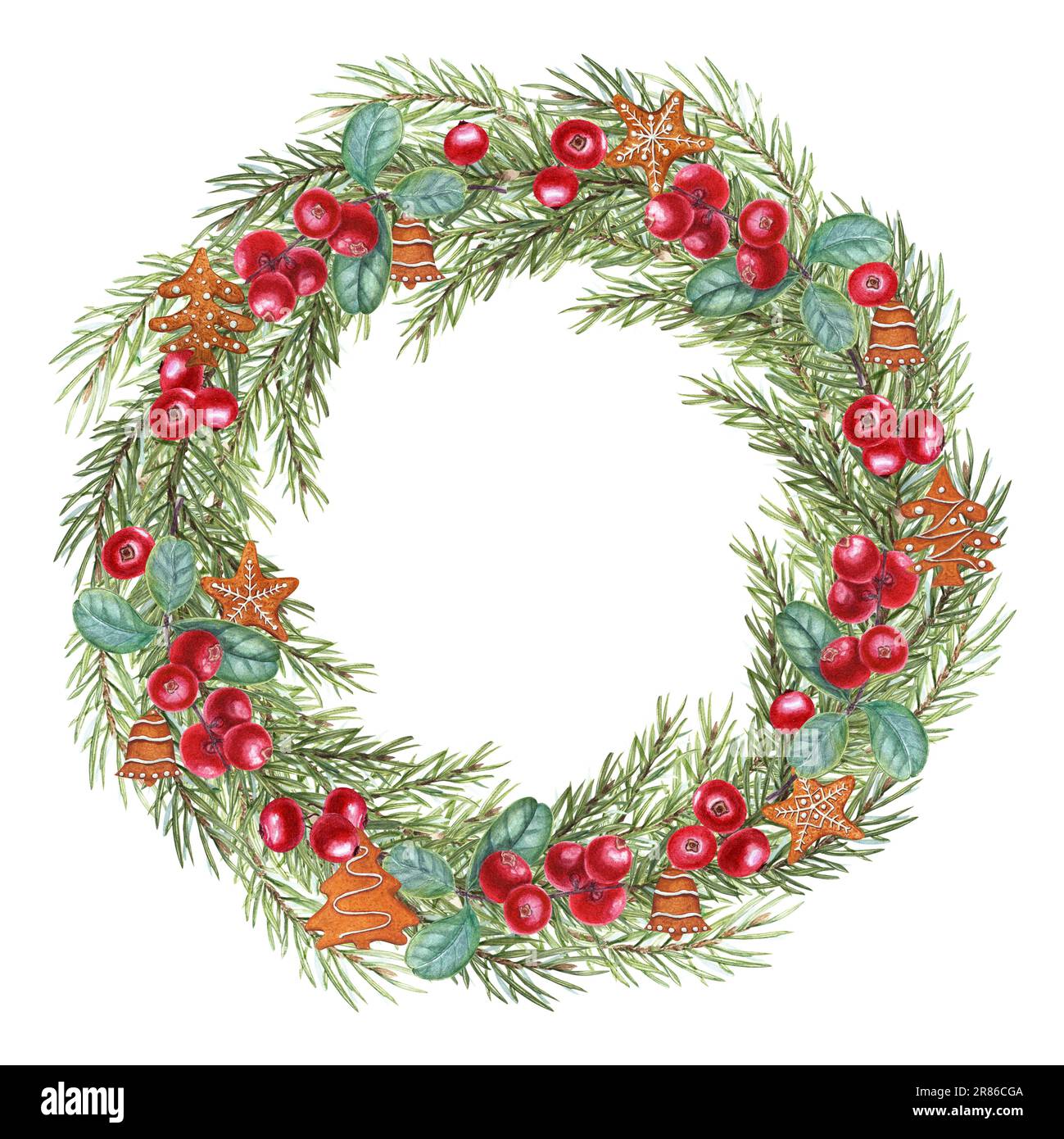 Weihnachtskranz aus Fichtenholz, Sternanis, Lebkekse, Cowberry isoliert auf weißem Hintergrund. Aquarell-Illustration für Grüße, Weihnachten Stockfoto