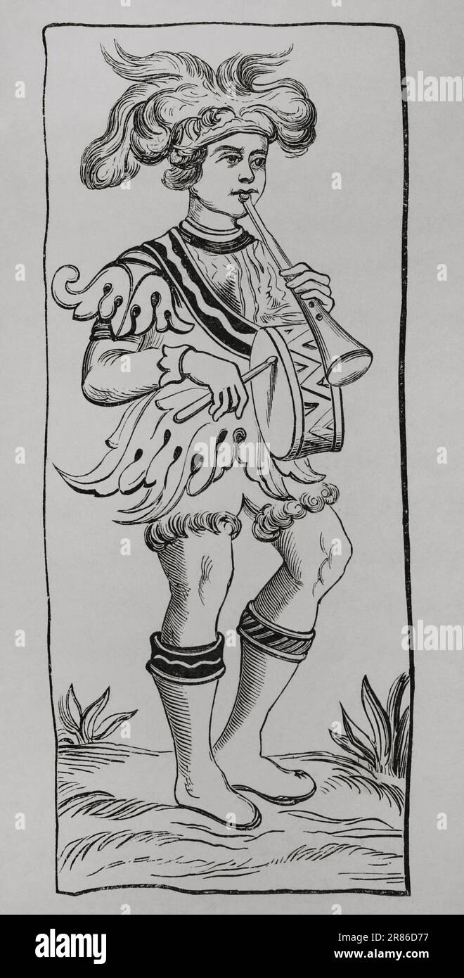 Der Narr. Karte von einem Tarotdeck des 15. Jahrhunderts. Gravur. "Les Arts au Moyen Age et a l'Epoque de la Renaissance" von Paul Lacroix. Paris, 1877. Stockfoto