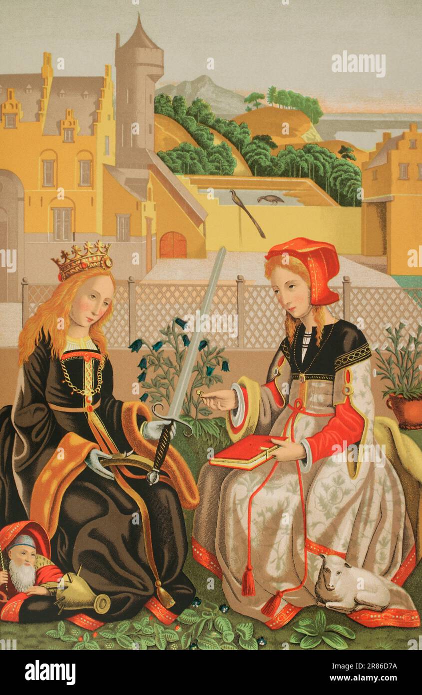 Heilige Katharina von Alexandria (287-305) und Heilige Agnes von Rom (ca. 291-ca. L 331 vom 15.12.2010 304 Chromolithographie von Franz Kellerhoven nach einem Porträt von Marguerite Van Eyck. "Les Arts au Moyen Age et a l'Epoque de la Renaissance" von Paul Lacroix. Paris, 1877. Stockfoto