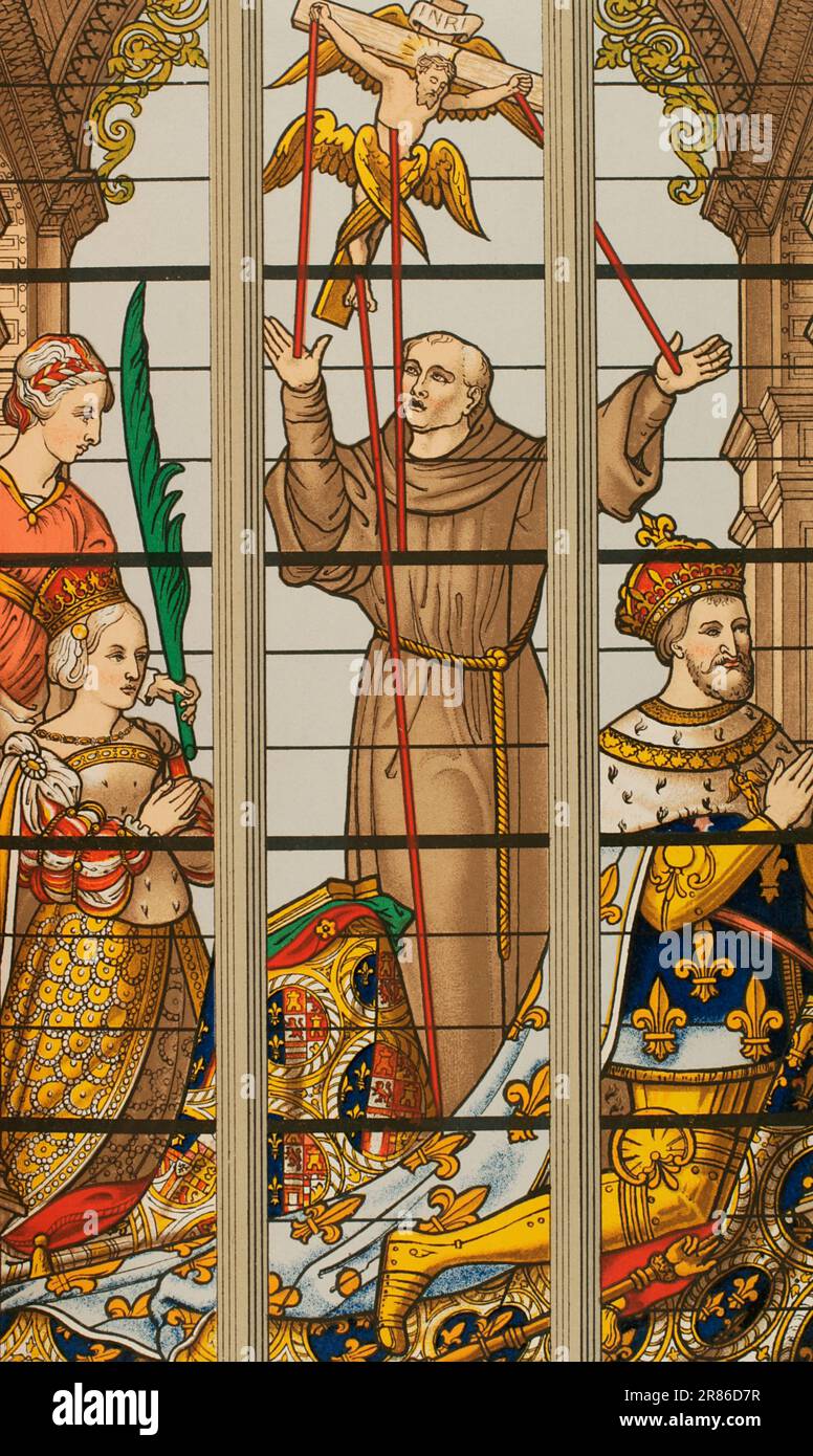 König Franziskus I. von Frankreich (1494-1547) und seine Frau Eleanor von Österreich (1498-1558) gebetet. Chromolithographen von Franz Kellerhoven nach einem Detail eines Buntglasfensters in der Kirche St. Gudula, Brüssel. "Les Arts au Moyen Age et a l'Epoque de la Renaissance" von Paul Lacroix. Paris, 1877. Stockfoto