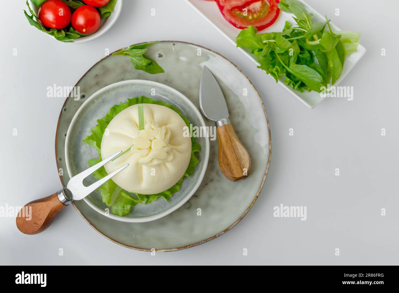 Geschnittene italienische Käseburrata wird auf einem runden Teller mit Basilikum und Tomaten mit einer Gabel und einem Messer auf dem Hintergrund eines alten Baumes serviert. Draufsicht Stockfoto