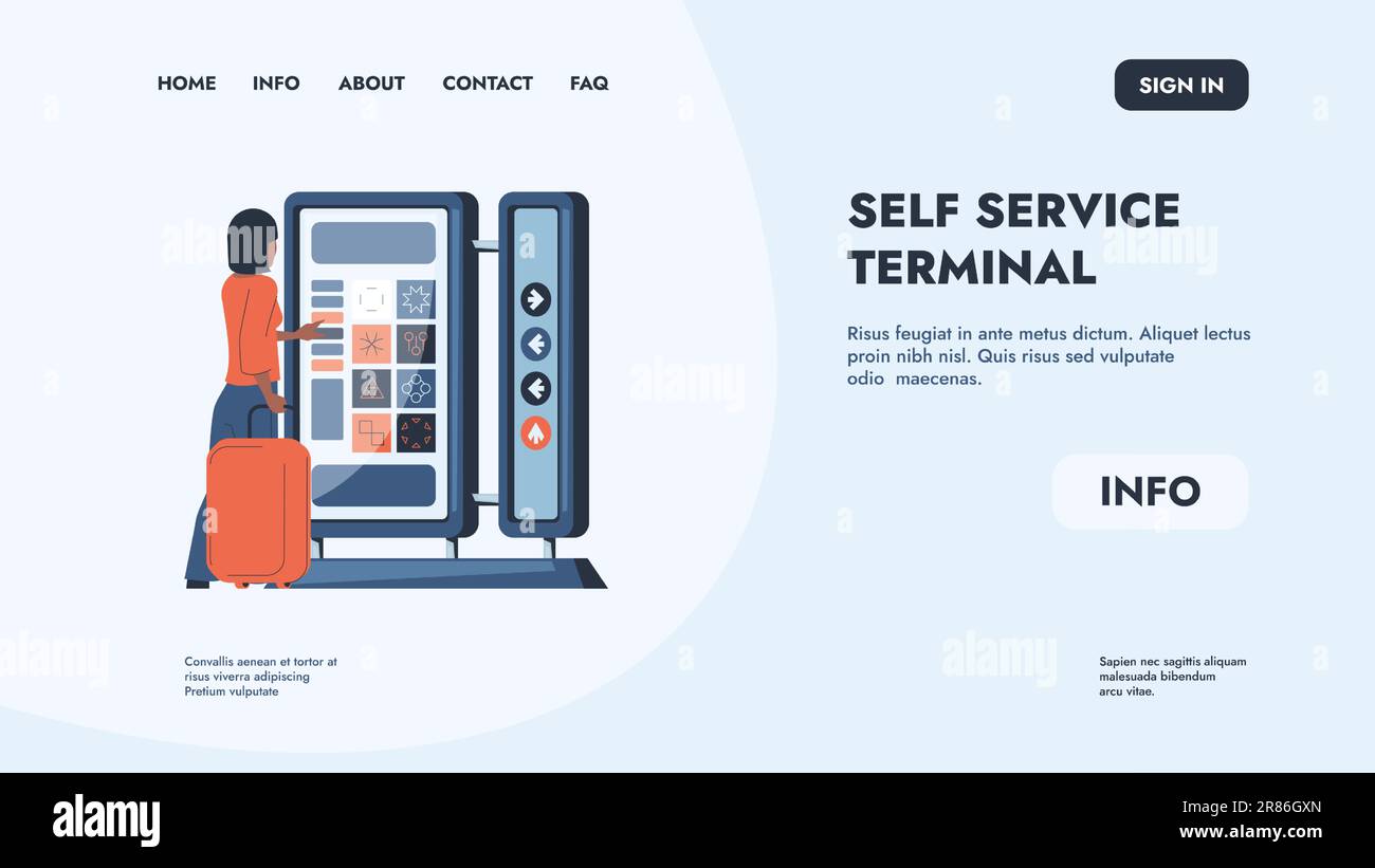 Interaktive Kiosk-Landung. Self-Service-Terminal und Check-in-Bildschirm Web-Design-Vorlage. Layout der Website für den Kasse- und Bestellautomaten. Passagier Stock Vektor