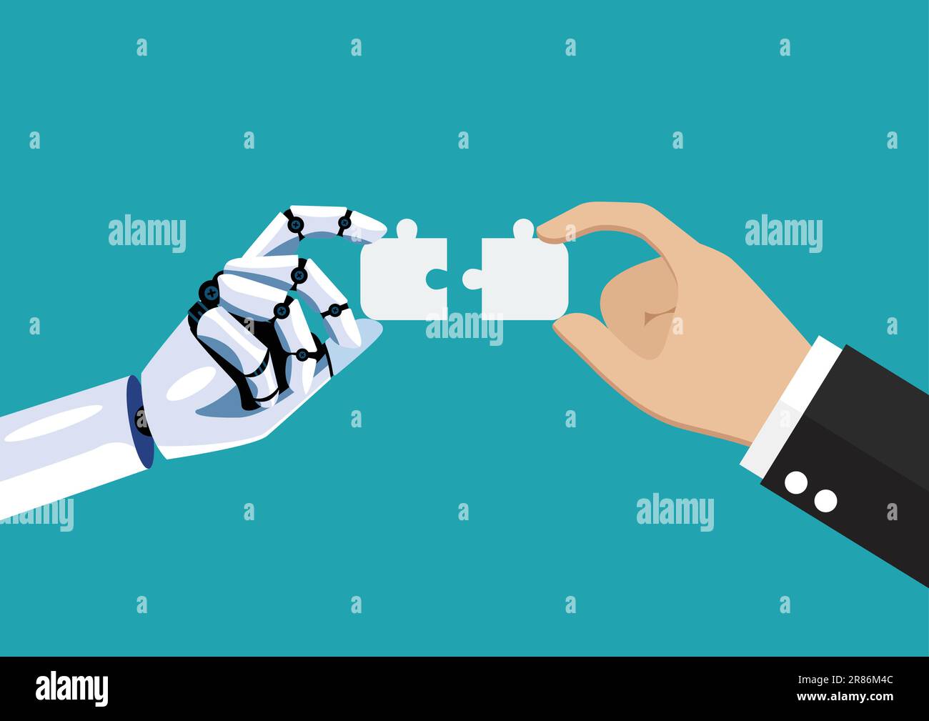 Geschäftsmann und KI-Roboter verbinden Puzzle-Puzzle per Hand. Zusammenarbeit von Mensch und künstlicher Intelligenz. Vektordarstellung Stock Vektor