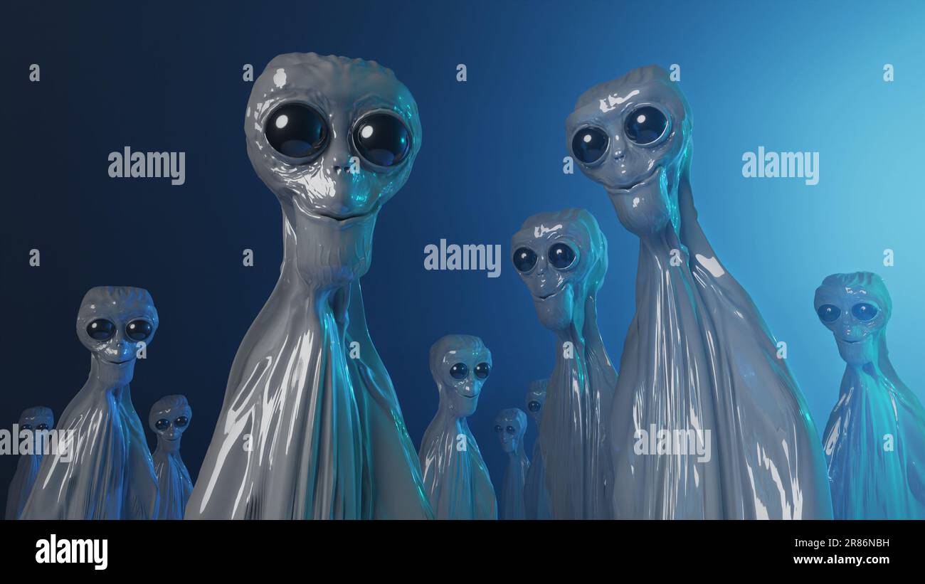 Aliens mit großen Augen auf blauem Hintergrund - gruselige konzeptionelle Illustration Stockfoto