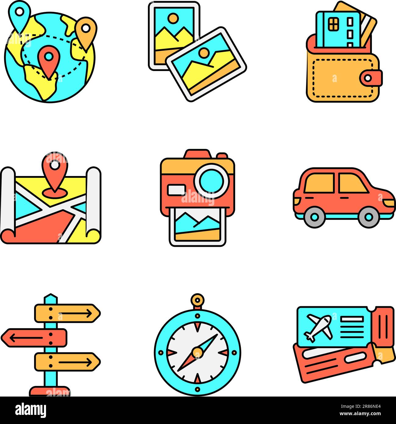 Tourismus- und Reise-Symbole in farbigen Linienarten Stock Vektor
