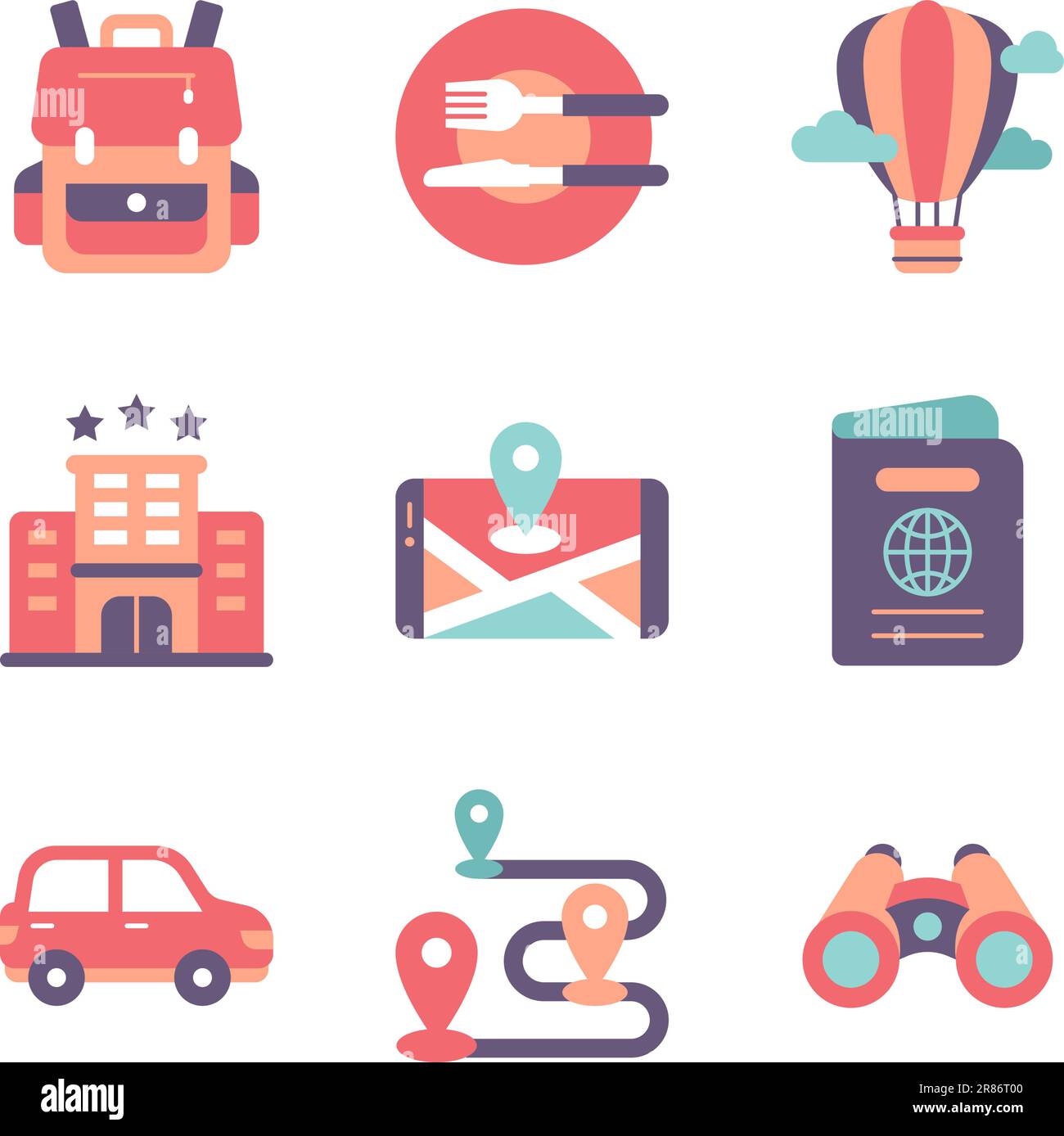 Symbol für Tourismus und Reisen in flacher Form gesetzt Stock Vektor