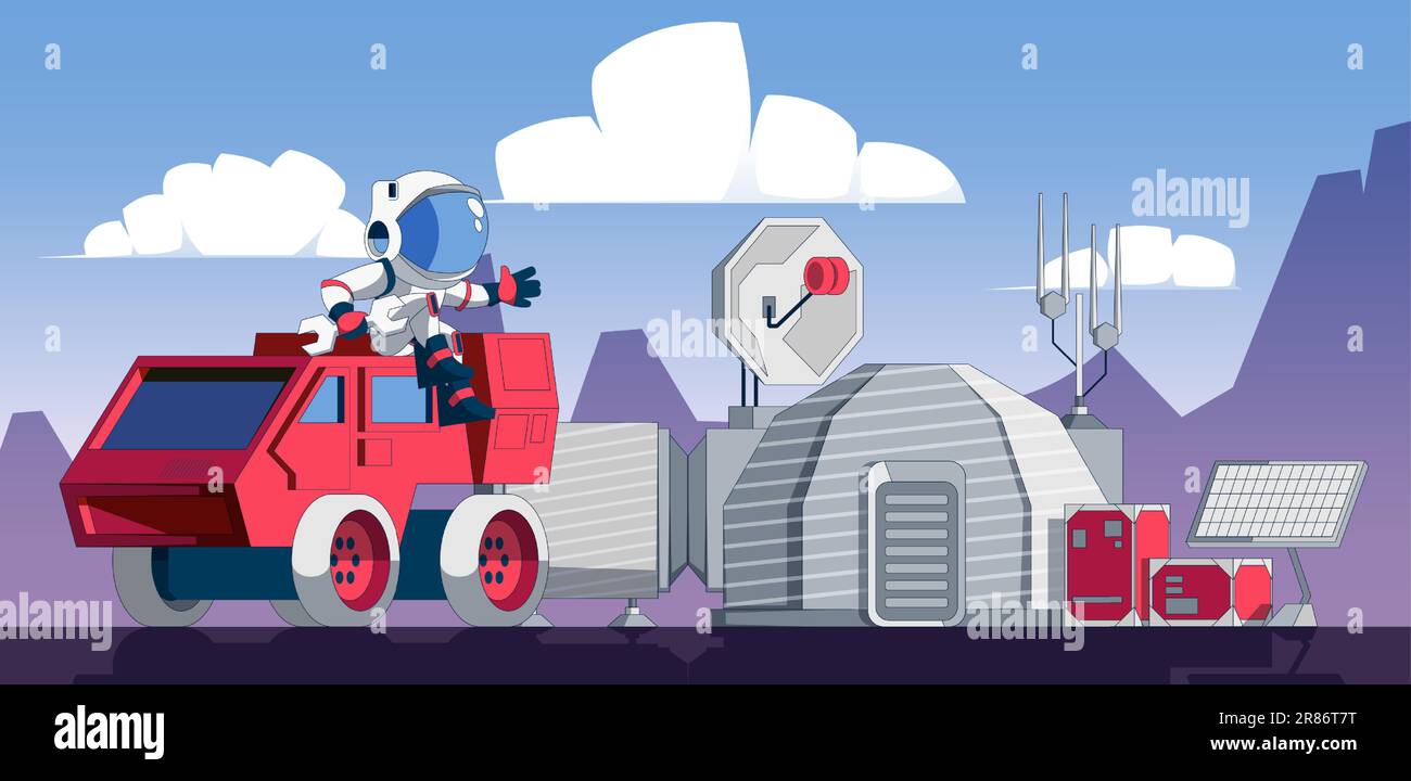 Astronaut auf außerirdischem Planeten. Cartoon-Weltraumforschungsmission, Rover auf Mars-Oberfläche und Satellitenantenne, Weltraumforschungskonzept. Vector Illustrati Stock Vektor