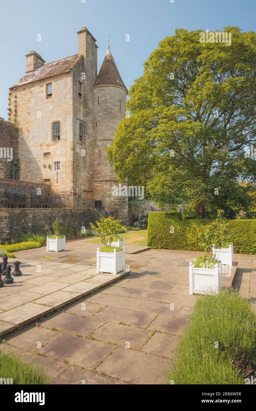 Historischer Falkland-Palast mit Landschaftsgärten an einem sonnigen Sommertag in Fife, Schottland, Großbritannien. Stockfoto