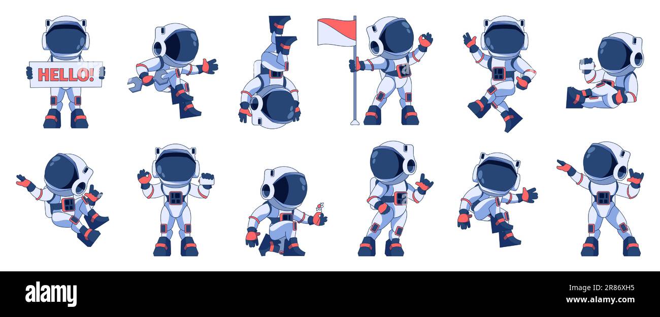 Astronaut-Zeichensatz. Cartoon-Weltraumforscher in verschiedenen Positionen, kosmische Raumfahrer in Anzügen und Helmen, Astronautenfiguren in Raumanzügen. Vektor Stock Vektor