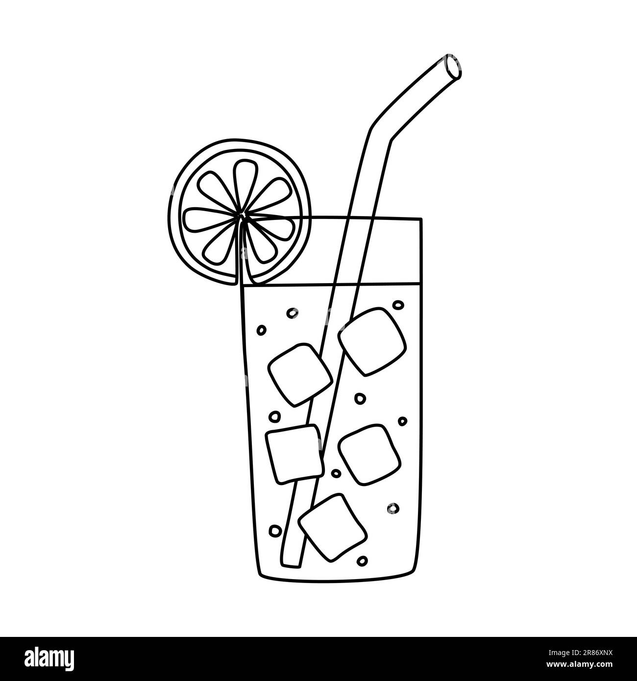 Erfrischungsgetränk, Saft oder Sommercocktail mit Eiswürfeln in Glas, Doodle-Stil, flache Vektorzeichnung für Kinder Malbuch Stock Vektor
