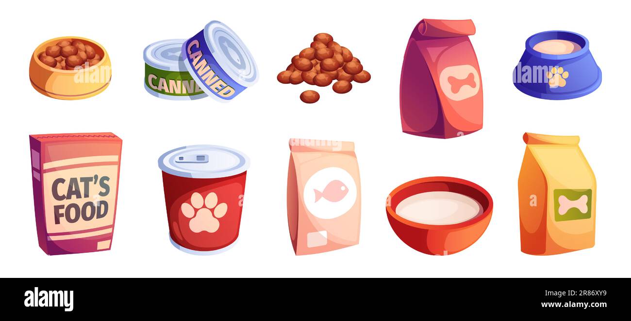 Katzen- und Hundefutter. Cartoon Haustiere füttern mit gesunden Snacks und Treat, Katzen und Hunde Tiernahrung Verpackung, Tierarzneimittel. Vektorspalte Stock Vektor