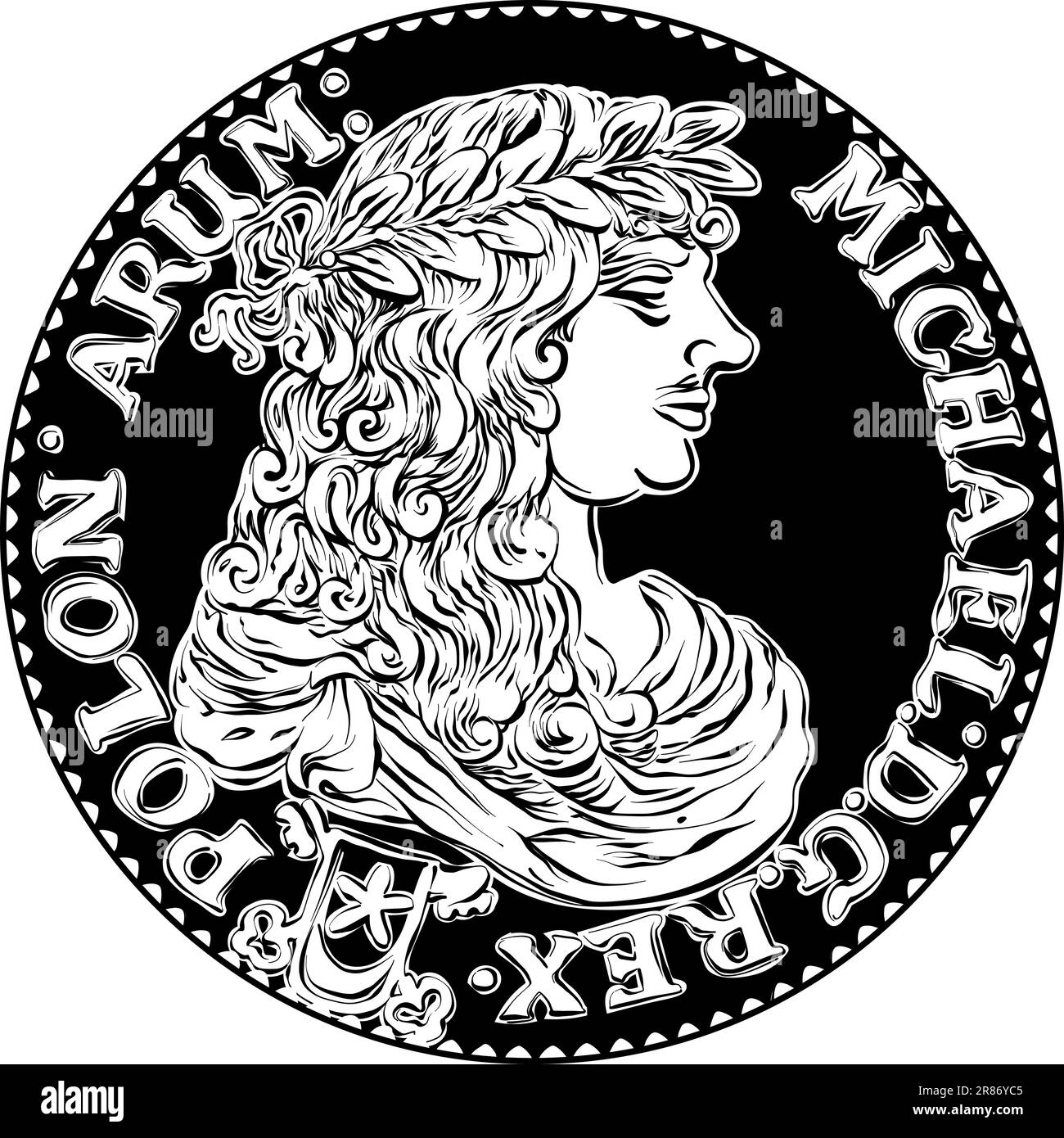 vector Obverse of Crown Zloty von Michal Korybut Wisniowiecki, 1671 mit König in Lorbeerkranz, schwarz und weiß Stock Vektor