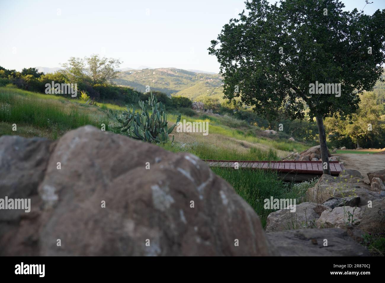 Holzbrücke im Feld mit Blick auf das Japatul Valley in Alpine, CA. Stockfoto