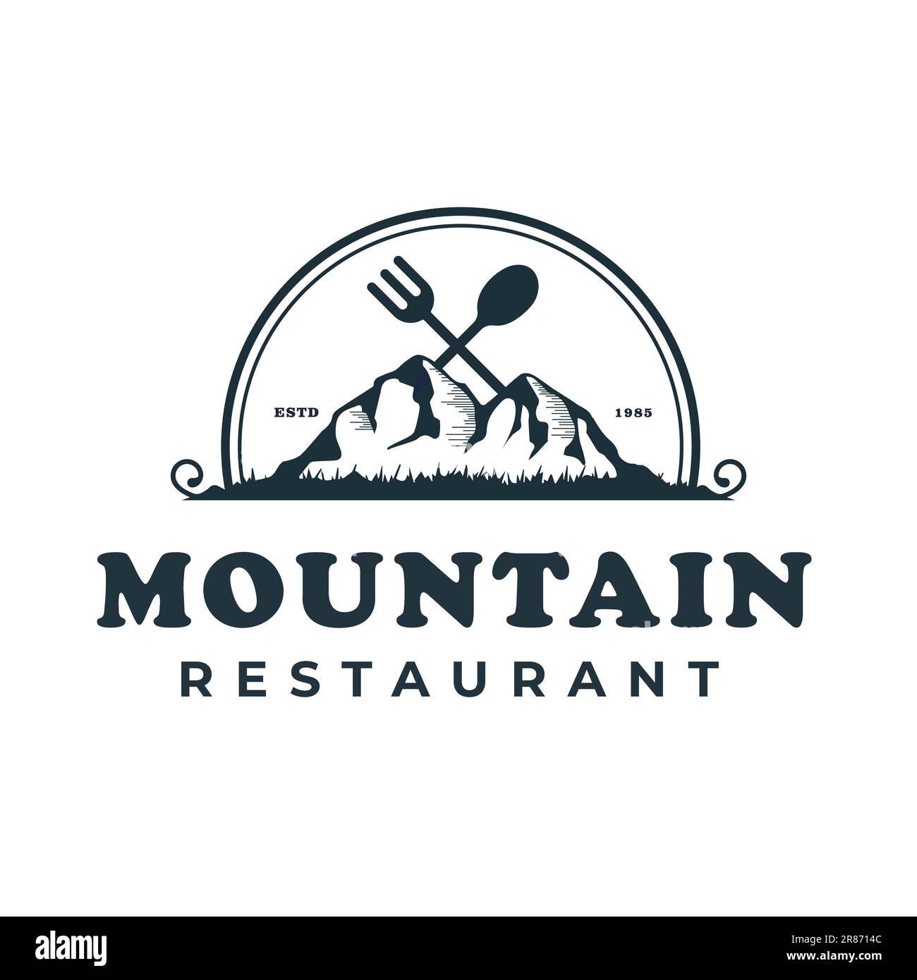 Bergillustration im Retro-Vintage-Stil Restaurant Logo Mountain mit Fork Spoon Vector Outdoor Cafe Camping Illustration Design. Stock Vektor