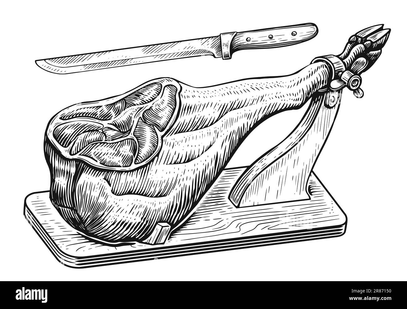 Skizze eines getrockneten Jamonschenkels auf einem Holzständer. Handgezeichnete Illustration Schinkenfleisch Stockfoto