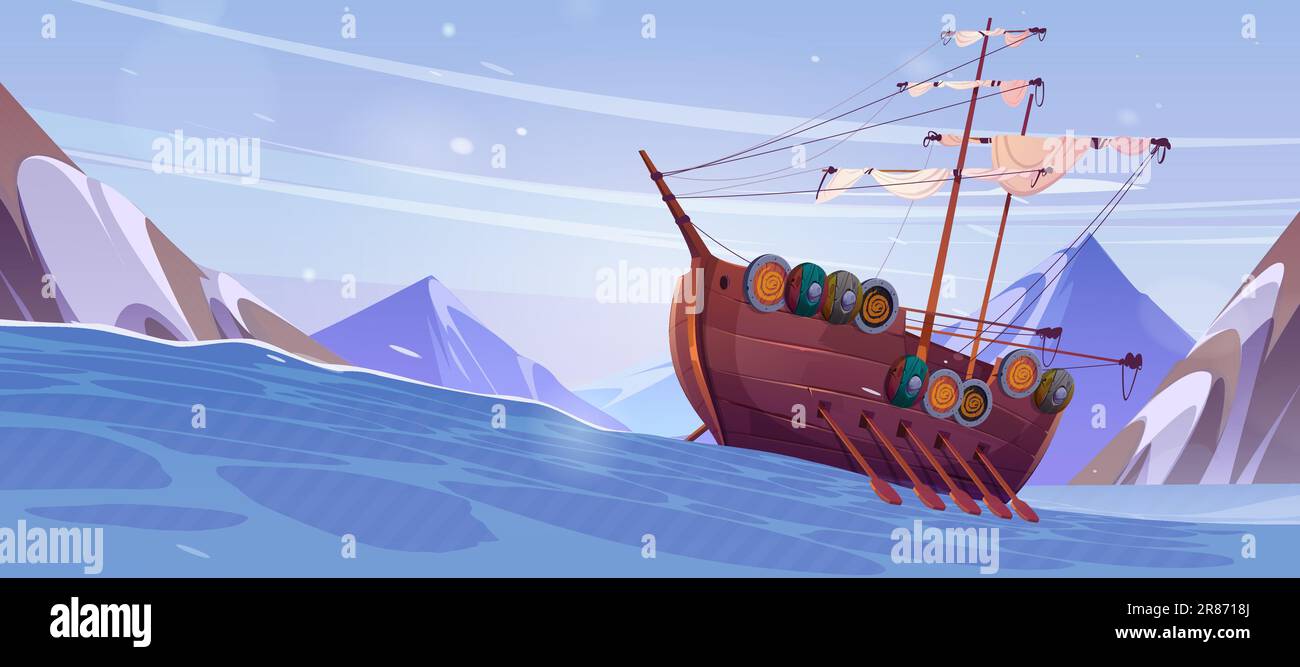 Cartoon wikingerschiff, das in stürmischer nordischer See, umgeben von Bergen, schwimmt. Vektordarstellung eines alten Holzboots, das mit Rudern und traditionellem sc segelt Stock Vektor