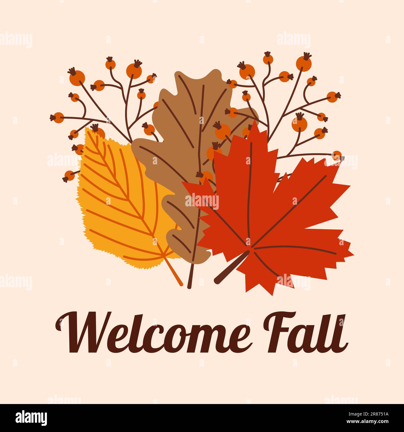 Beginn des Herbstes. Gemütliche Herbstpostkarte. Schriftzug Willkommen Herbst. Warme Herbstsaison... Vektor-Illustration. Stock Vektor