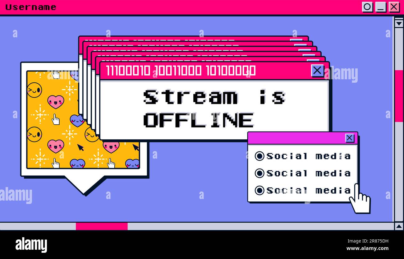 Stream ist offline, da Hintergrundbanner-Layout geändert wird. Y2K kreatives Retro-Design mit Fensterfehler und Social-Media-Taste. Streamer-Video-Overlay Stock Vektor